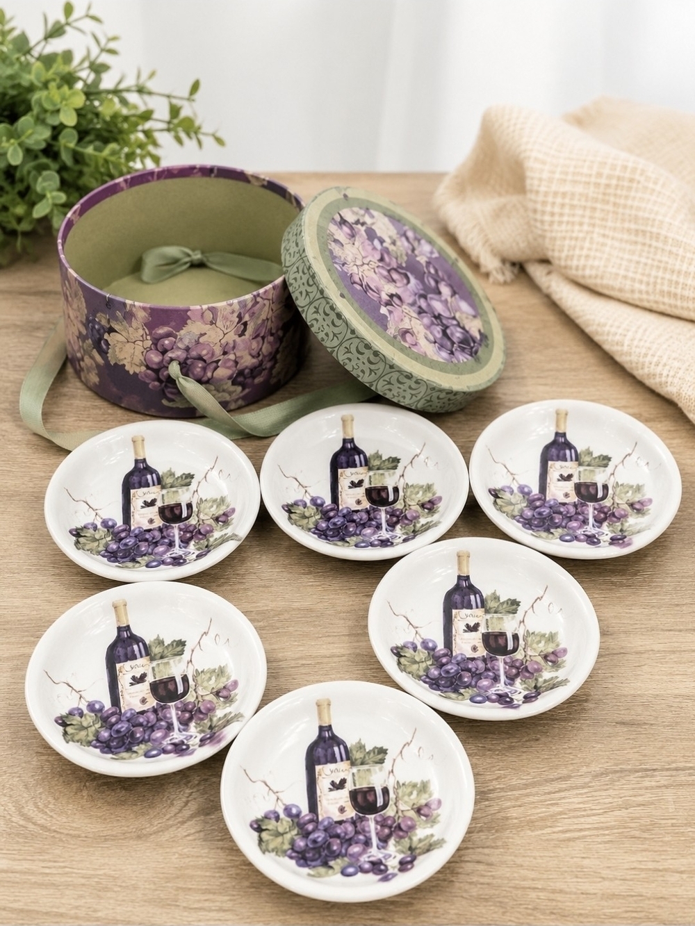 Grape & Wine Bottle Appetizer Plates - Purple Set of 6